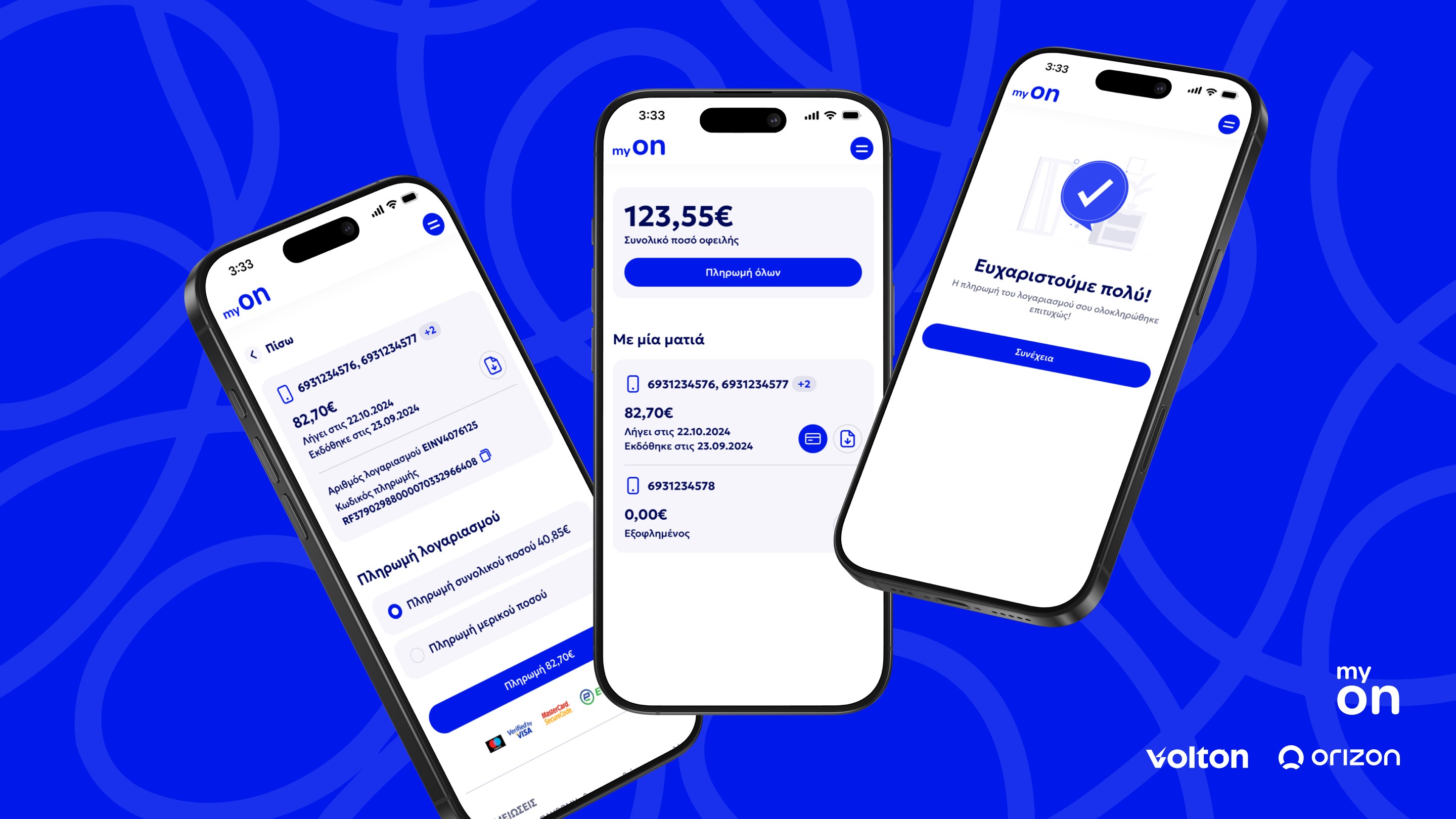 Volton myON mobile app showing energy and telecom bill payments
