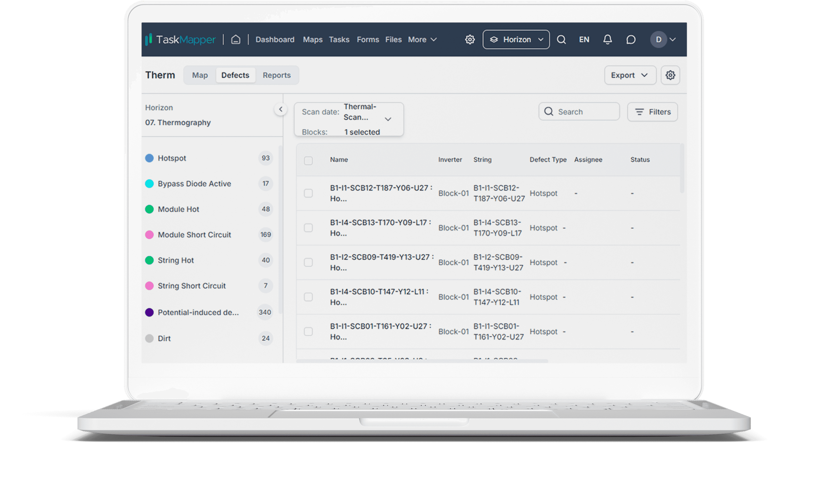 TaskMapper Drone Analytics for comprehensive list of geolocated site defects with details