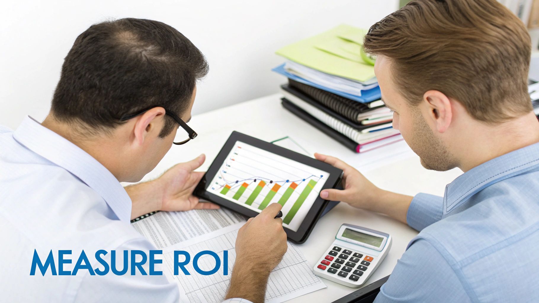Two businessmen review a tablet displaying a financial graph, analyzing data and measuring ROI.