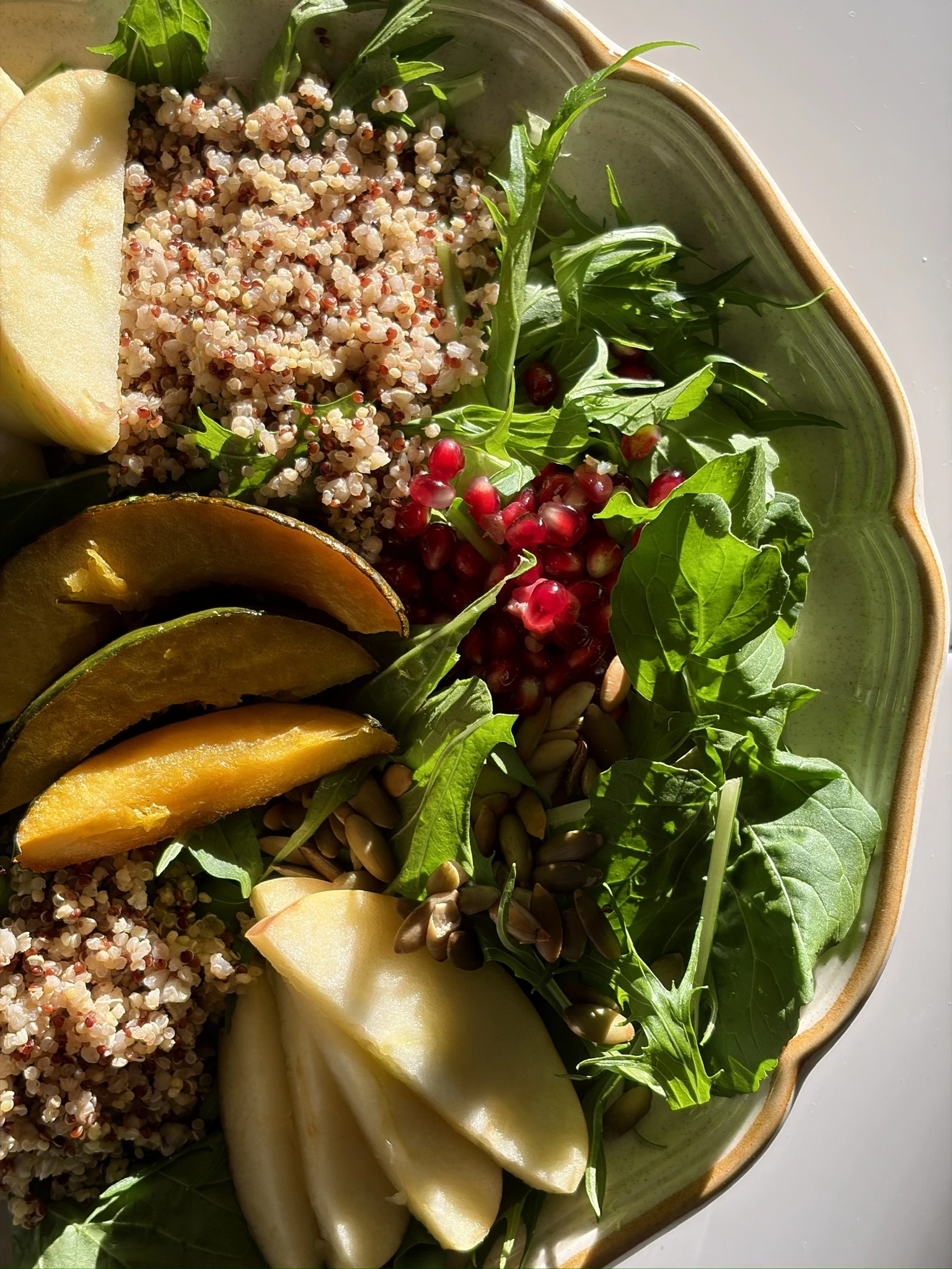 A vibrant fall harvest salad featuring roasted acorn squash slices drizzled with olive oil and maple syrup, served over mixed greens with cooked quinoa, sliced Honeycrisp apples, pomegranate arils, and toasted pumpkin seeds.