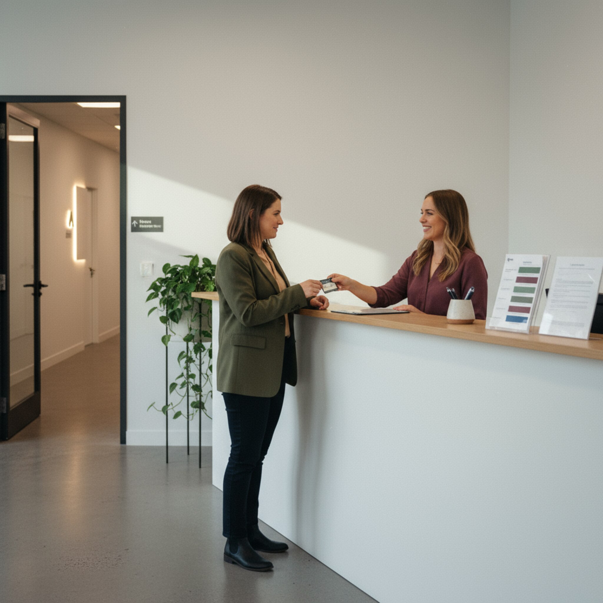 Ein Besucher nimmt im Empfangsbereich eine diskrete Namens-Badge entgegen. Neben dem Tresen liegen sorgfältig vorbereitete Unterlagen zur Sicherheitsunterweisung. Weiche Beleuchtung und klare Linien erzeugen Ruhe. Eine geöffnete Tür zum Bürokorridor deutet auf einen strukturierten Ablauf hin.