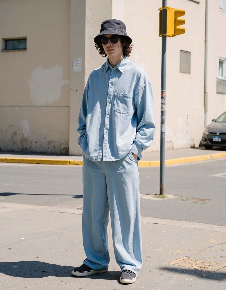 Person in light blue denim outfit with bucket hat standing on urban street in natural sunlight