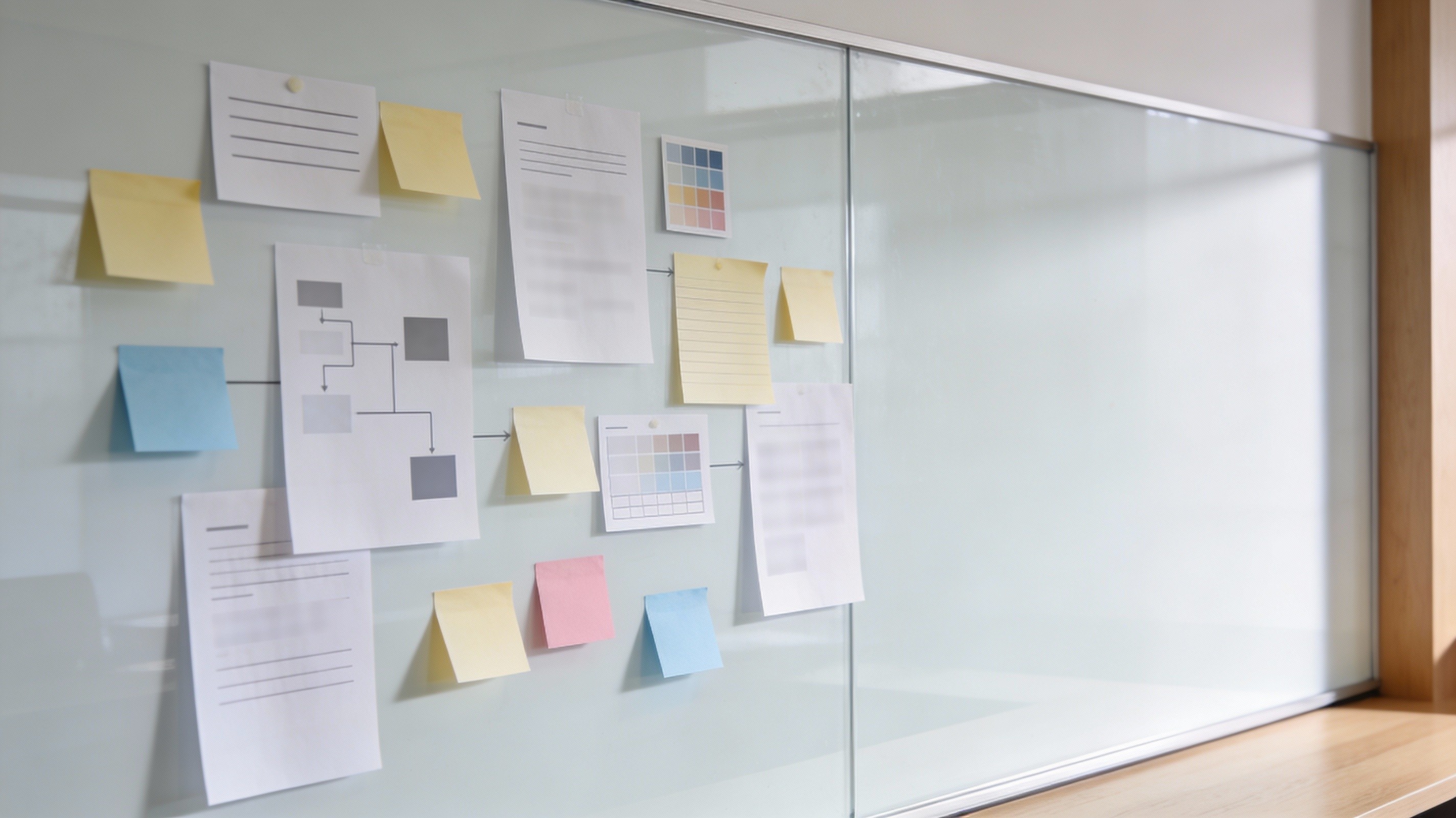 White board with memos and papers