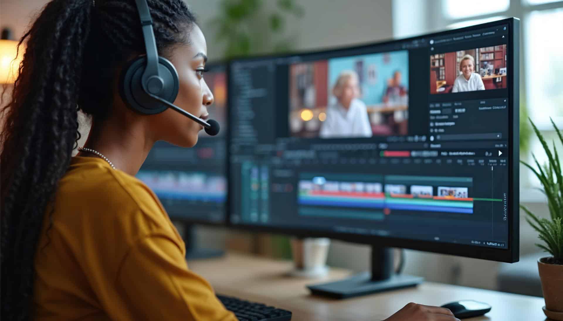 African woman video editor works with footage and sound cuts film montage in agency