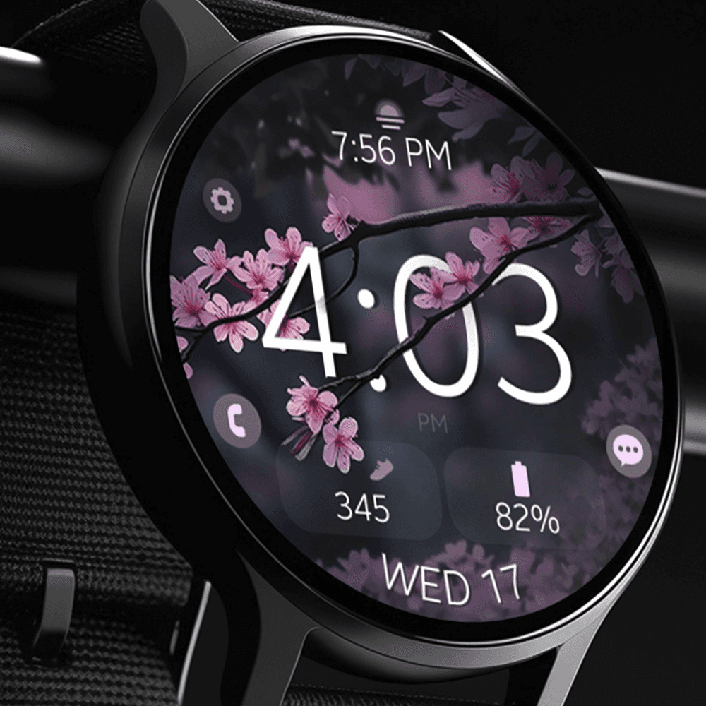 Modern Wear OS smartwatch displaying a digital watch face