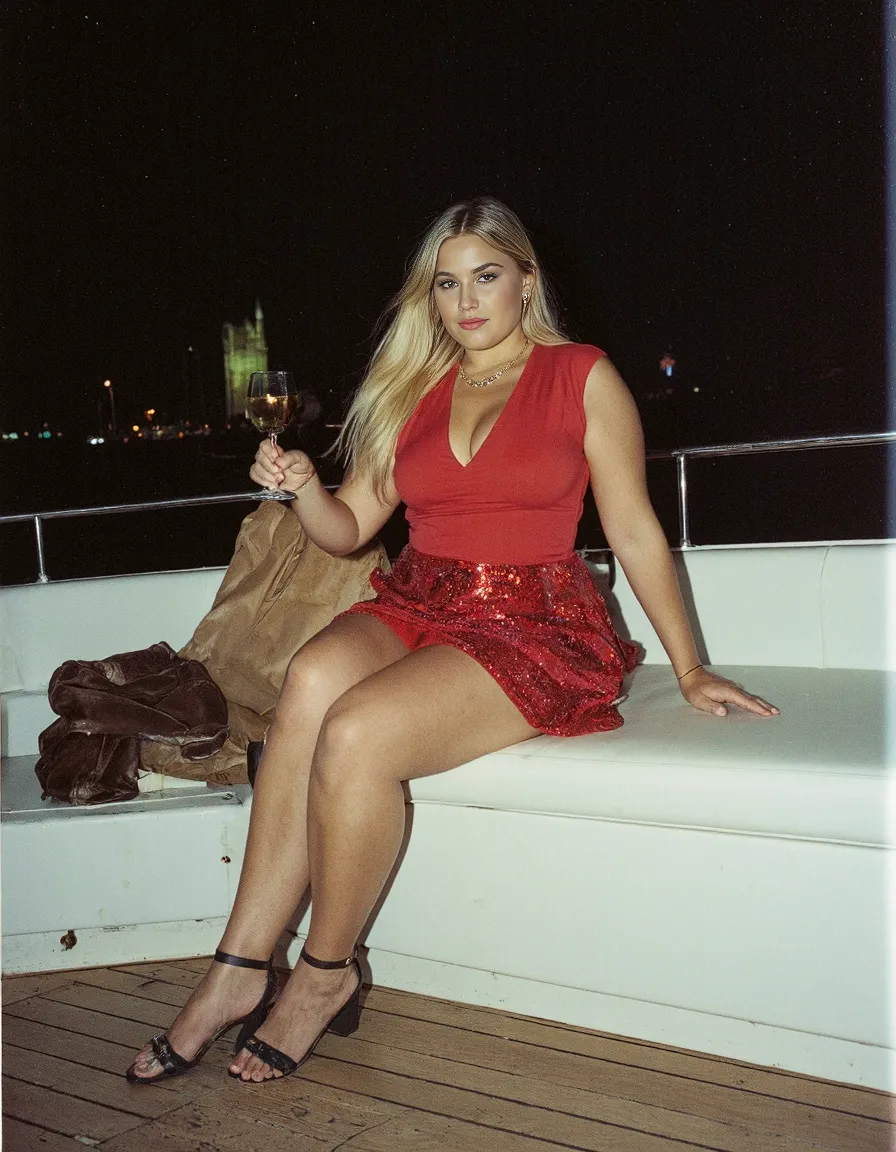 Elegant nighttime photography featuring a red outfit with sequined skirt, wine glass in hand, aboard a boat with city lights in background