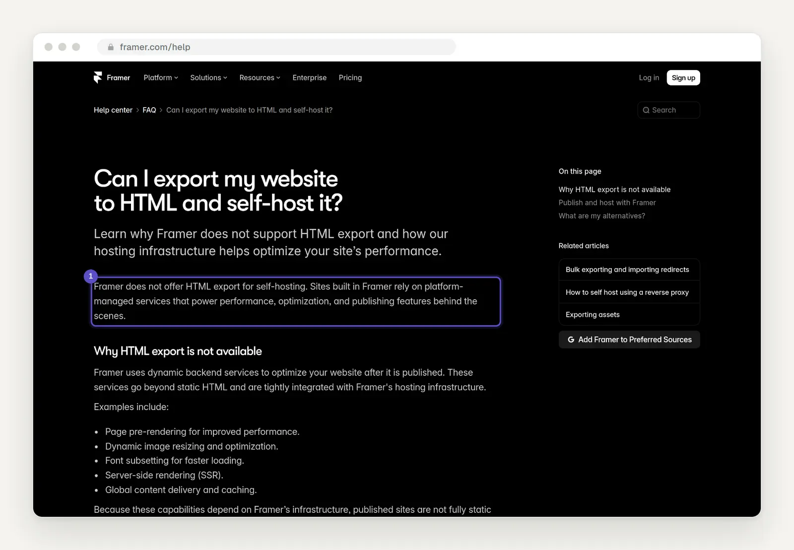 Screenshot der Framer-Hilfe: Framer bietet keinen HTML-Export zum Selbsthosten an