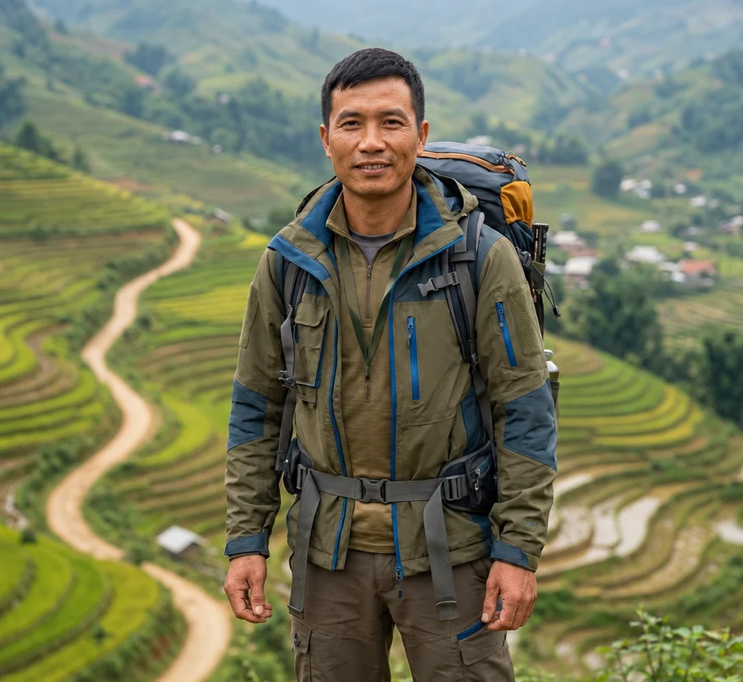 Man with a backpack standing above winding paths and rice terraces