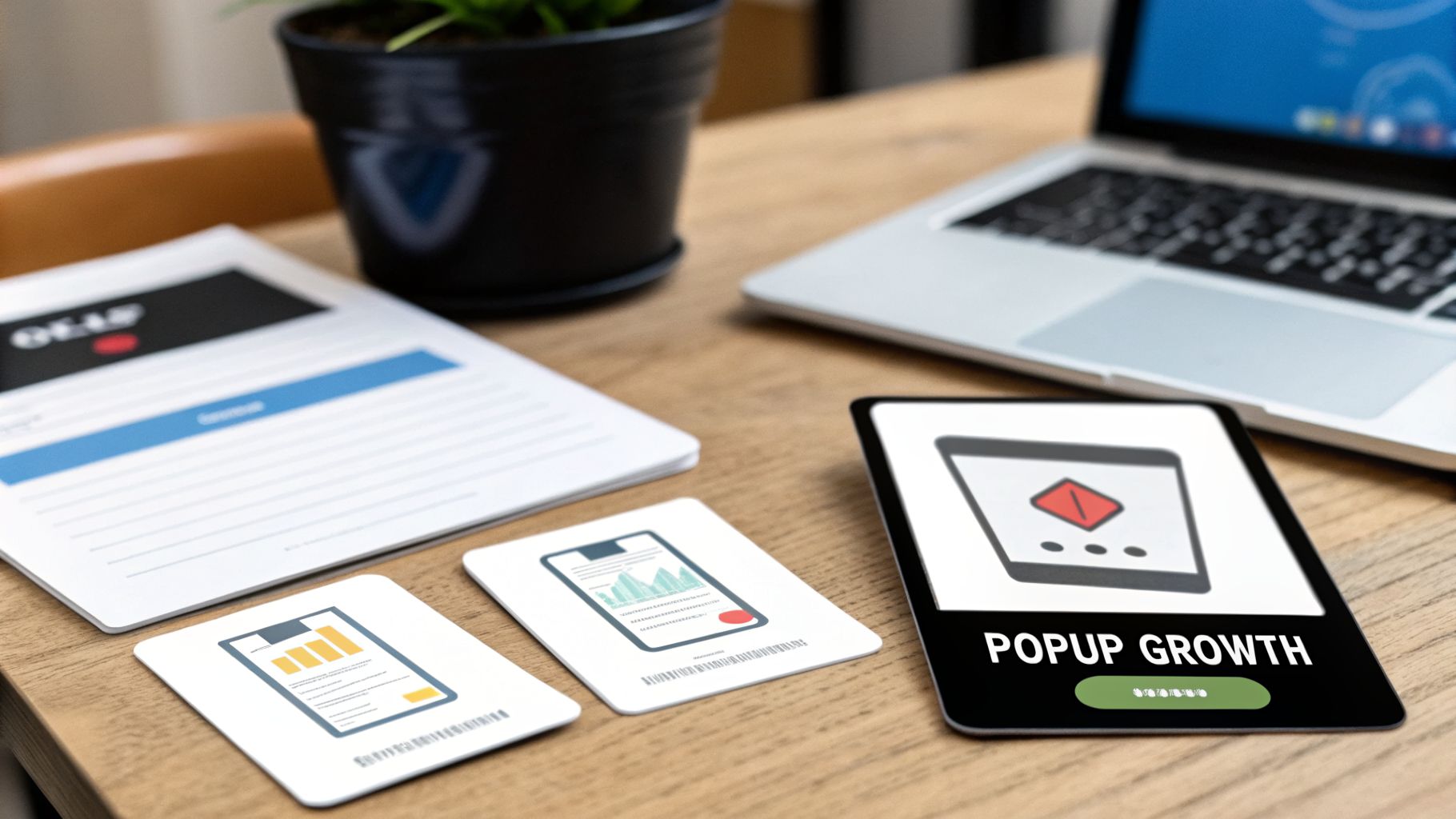 A wooden desk setup with a laptop, plant, document, and cards displaying data analytics, with one showing 'POPUP GROWTH'.