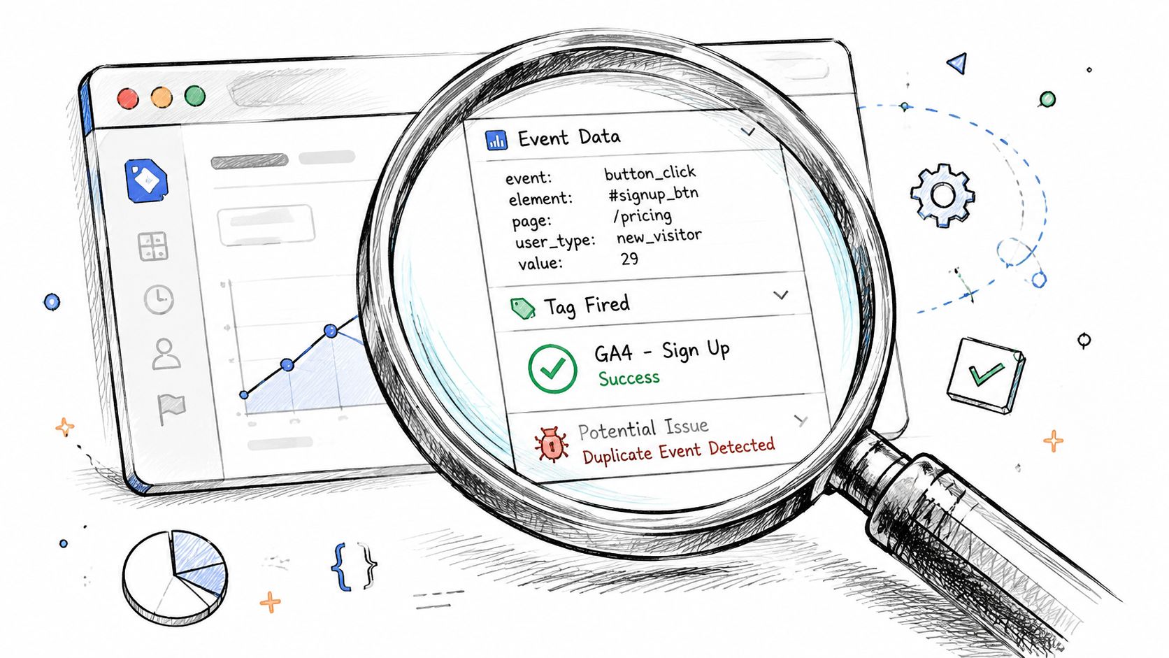 A magnifying glass inspecting digital analytics data showing a successful GA4 tag fire and a potential issue.