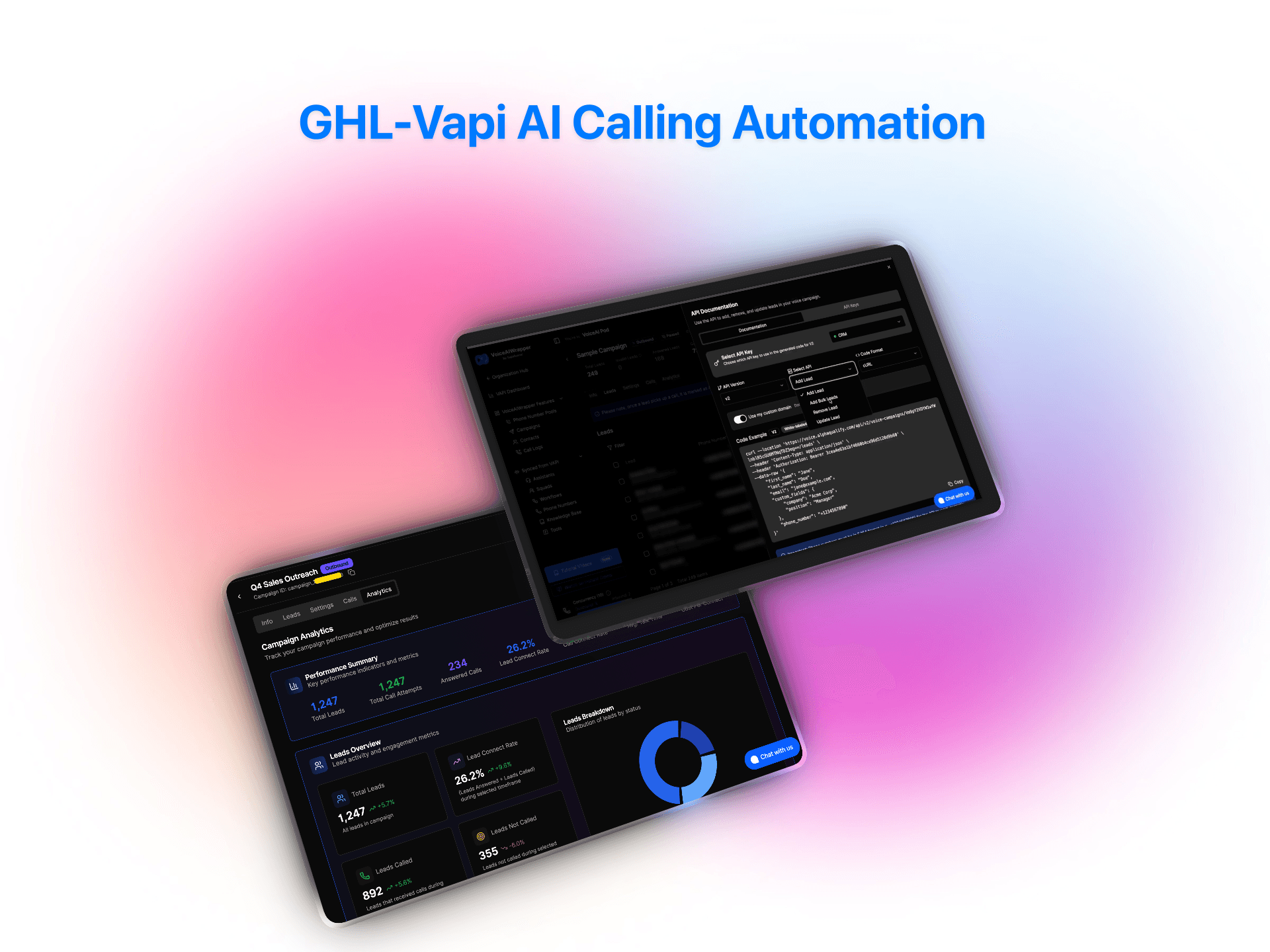 GHL-Vapi AI calling automation platform showing campaign analytics dashboard with lead metrics and API configuration interface | VoiceAIWrapper