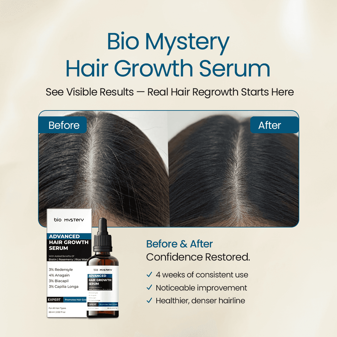Bio Mystery serum promotes visible hair regrowth with consistent use, offering healthier, denser hair.