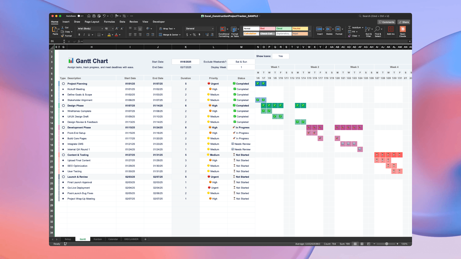 Screenshot of the Excel Construction Project Tracker showing the Gantt tab with tasks organized by phase, including color-coded timeline bars across four weeks