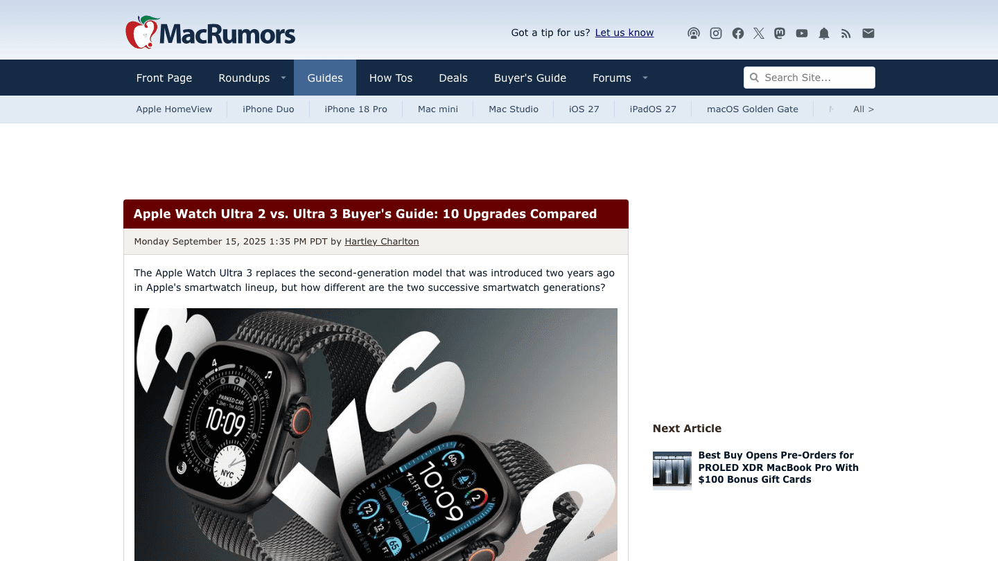 MacRumors comparison guide showing Apple Watch Ultra 2 vs Ultra 3 differences