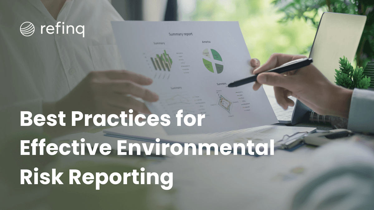 Business team reviewing environmental risk data and sustainability reports with digital dashboards and compliance metrics