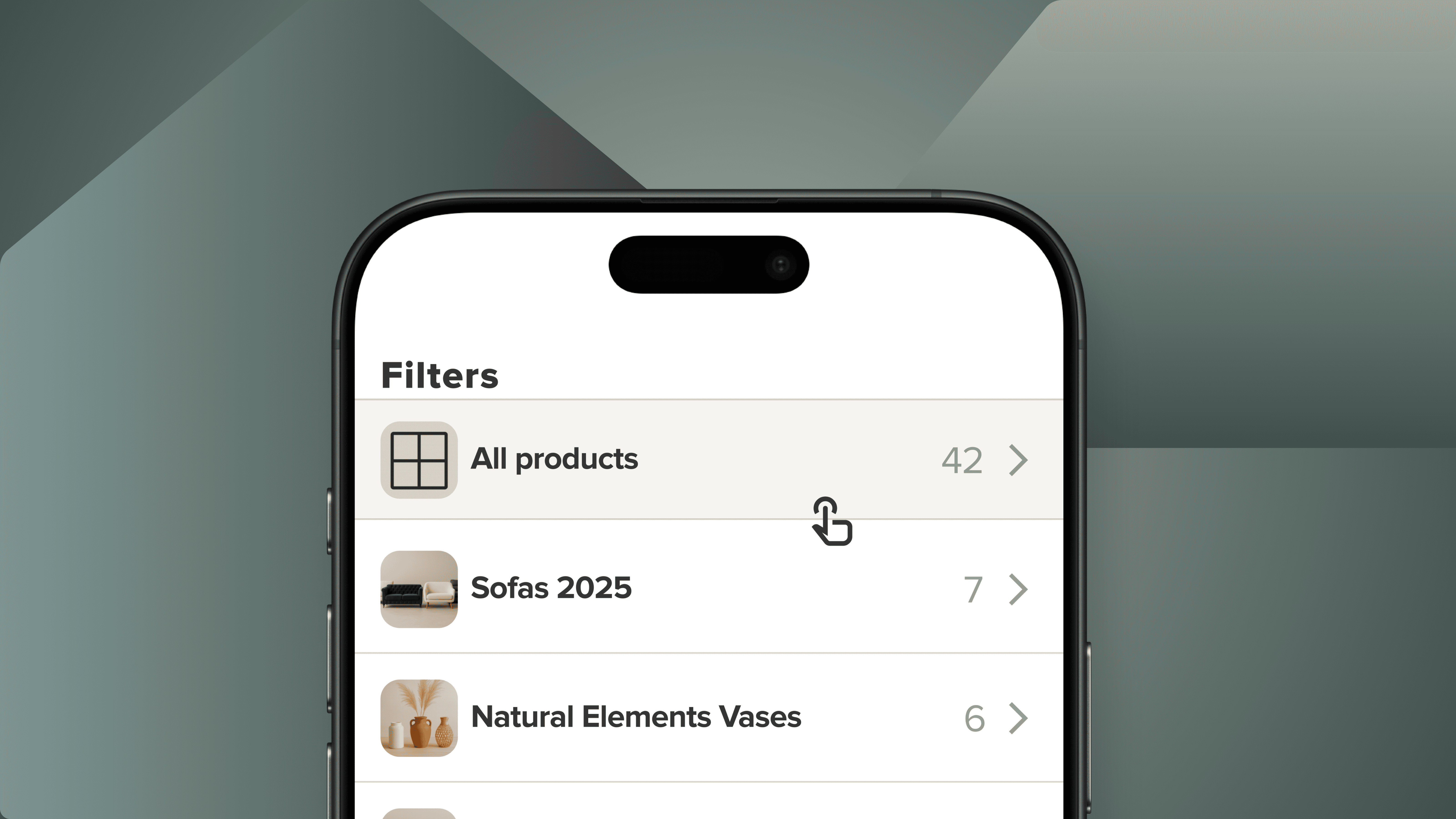 Mobiele weergave van de Orderchamp Cloud Sales App die het filtermenu met productcollecties weergeeft