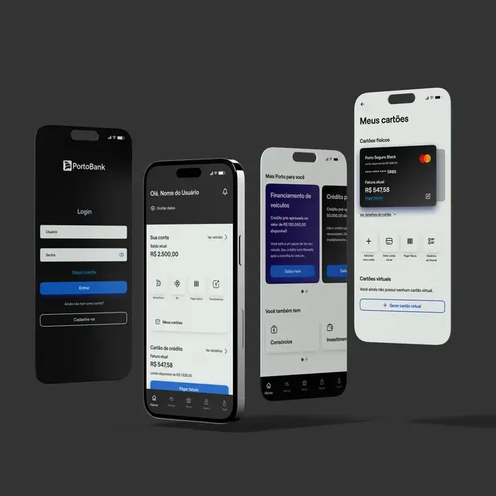 Mockup de um smartphone em fundo cinza mostrando 4 telas de um Design de PoC para aplicativo que fiz da Porto Bank