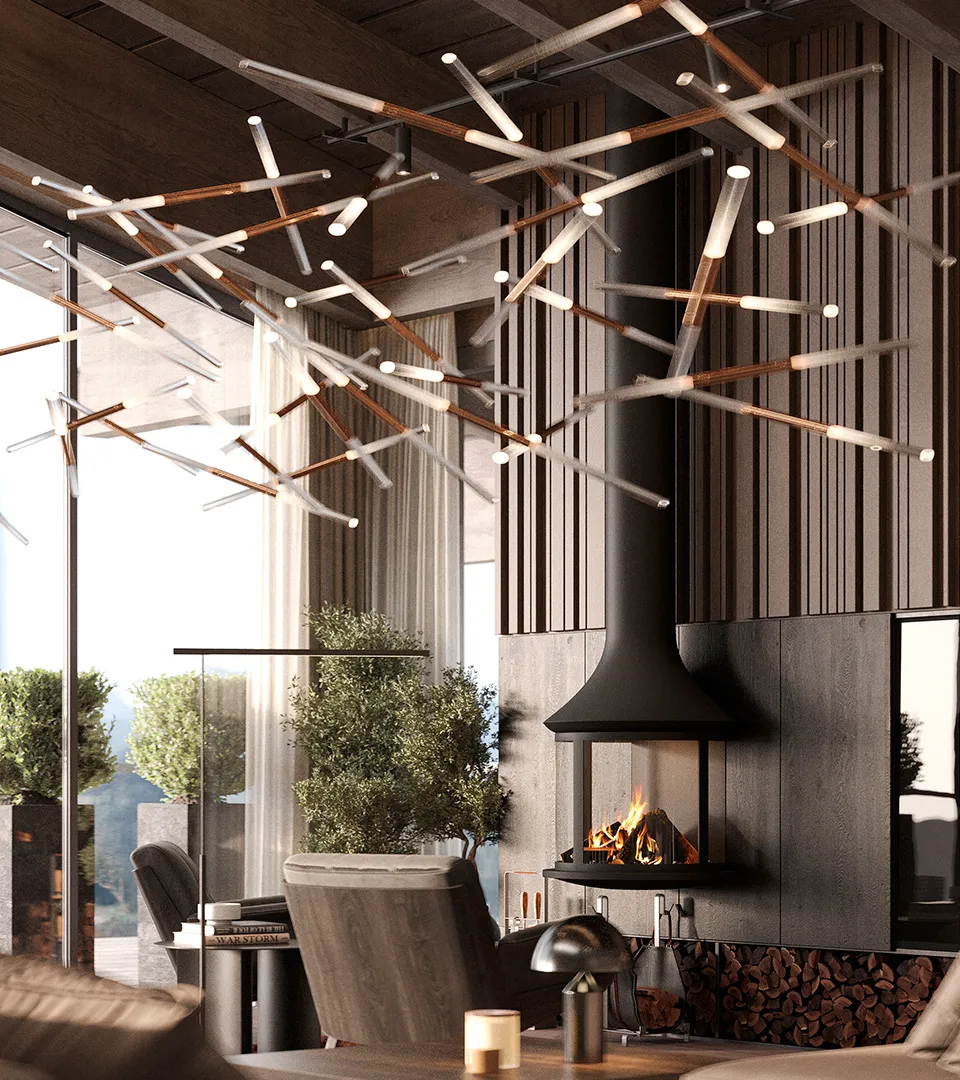Peakside Chalets, Cyprus lounge detail with suspended sculptural lighting and a modern fireplace