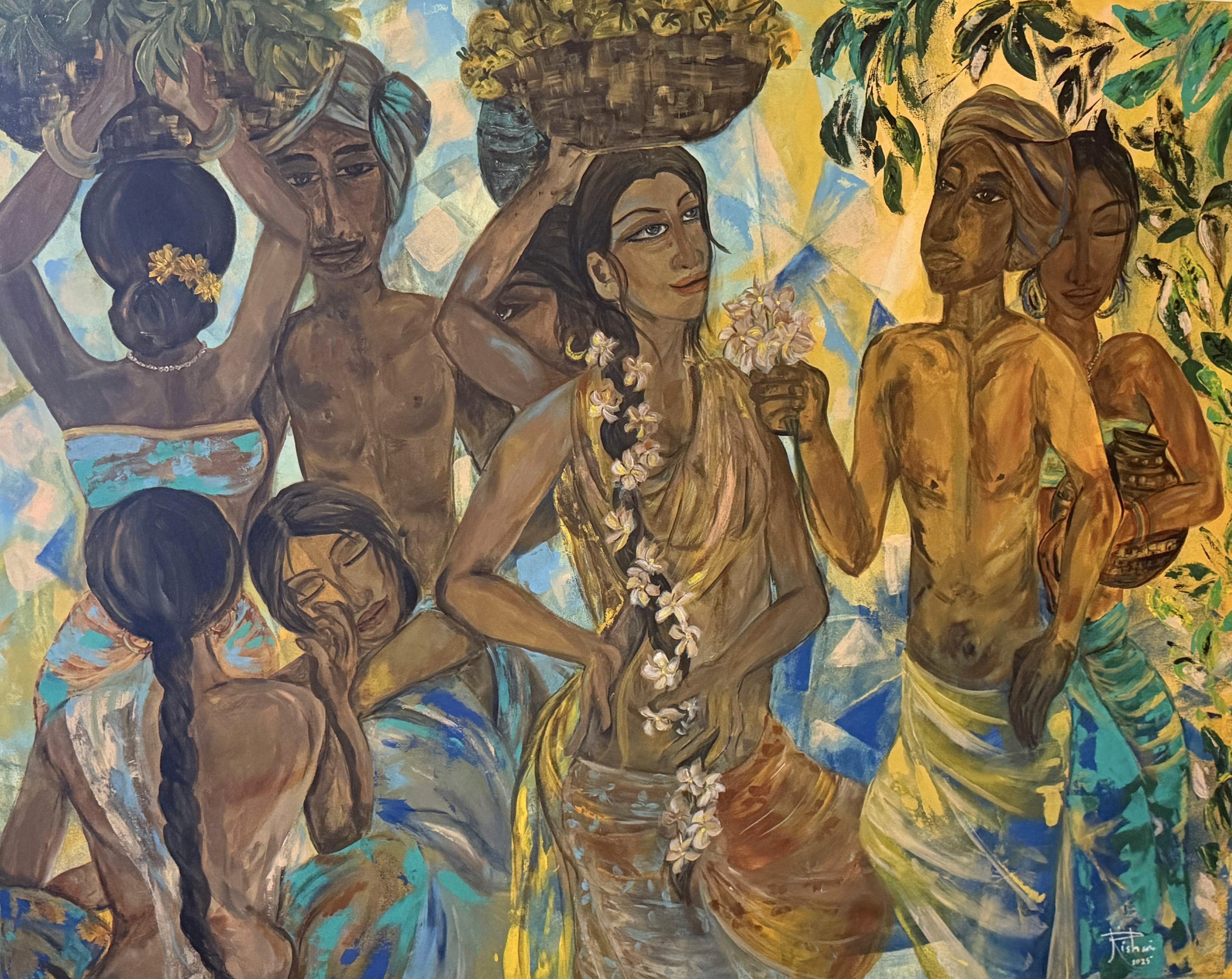 a group of women standing on top of a sandy beach