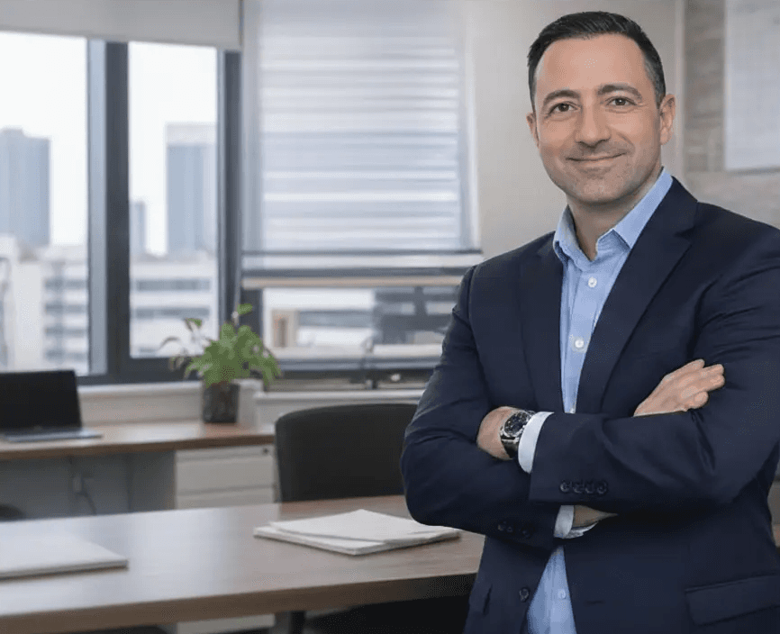 Businessman in a suit with arms crossed in an office setting.