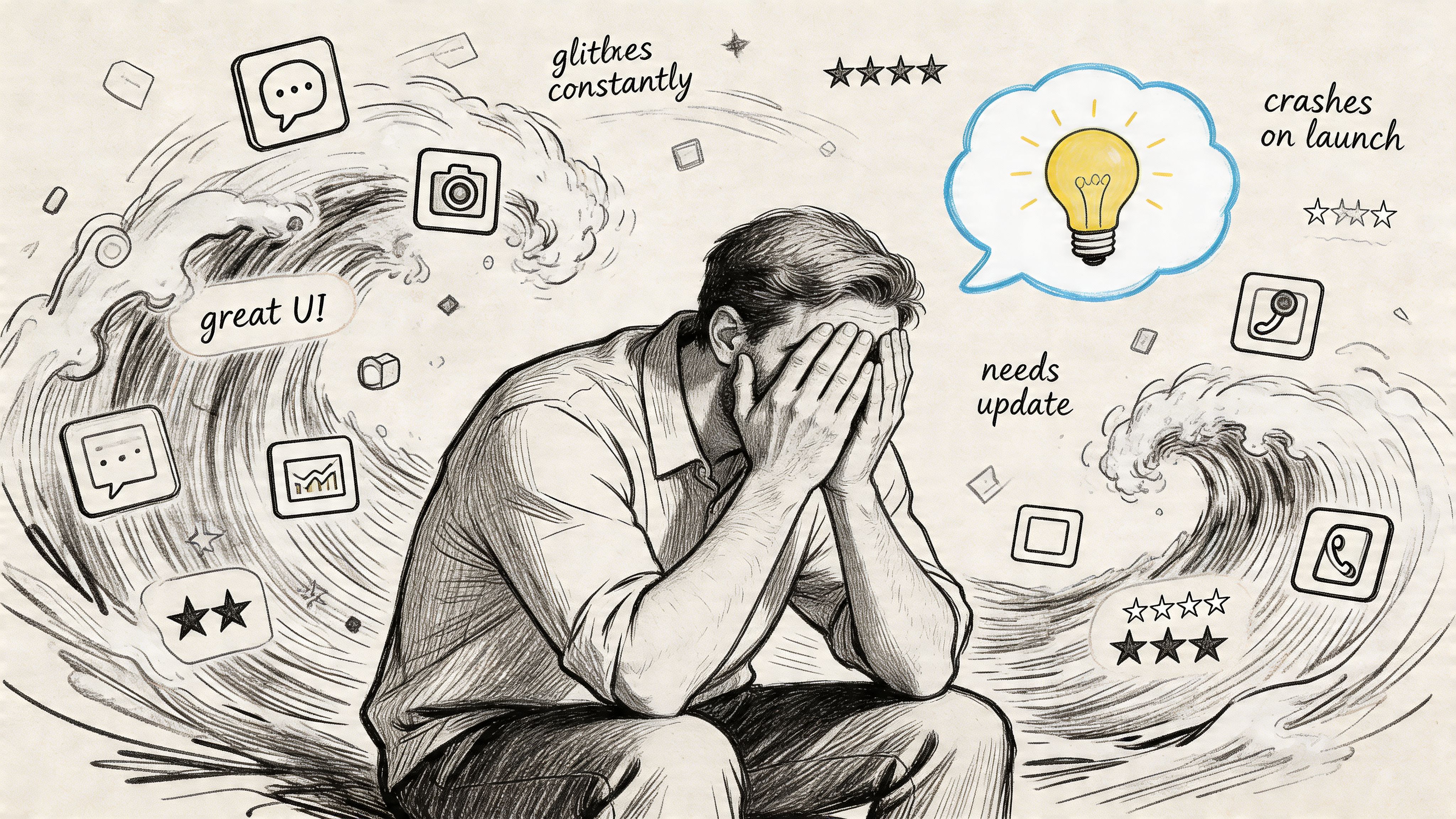 A person overwhelmed by negative mobile app reviews, represented by crashing waves, icons, and low star ratings.