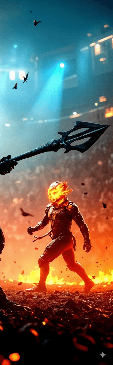 A dramatic vertical image depicting two futuristic warriors in a dimly lit arena, engaged in combat. On the left, a tall warrior in dark, armored attire with glowing blue eyes holds a staff. On the right, a smaller, glowing figure is partially visible. The background shows blurred stadium lights and cheering crowds, with birds flying overhead. A central glowing text box asks 'Is failure forever? Not for you. Not for us.' with a call to action button."