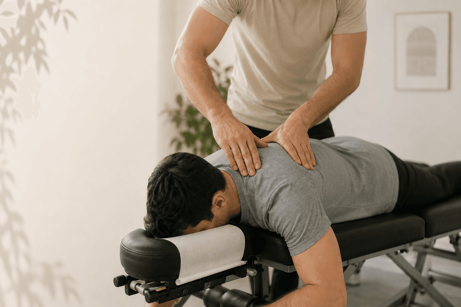 Manual therapy for back pain on a chiropractic table