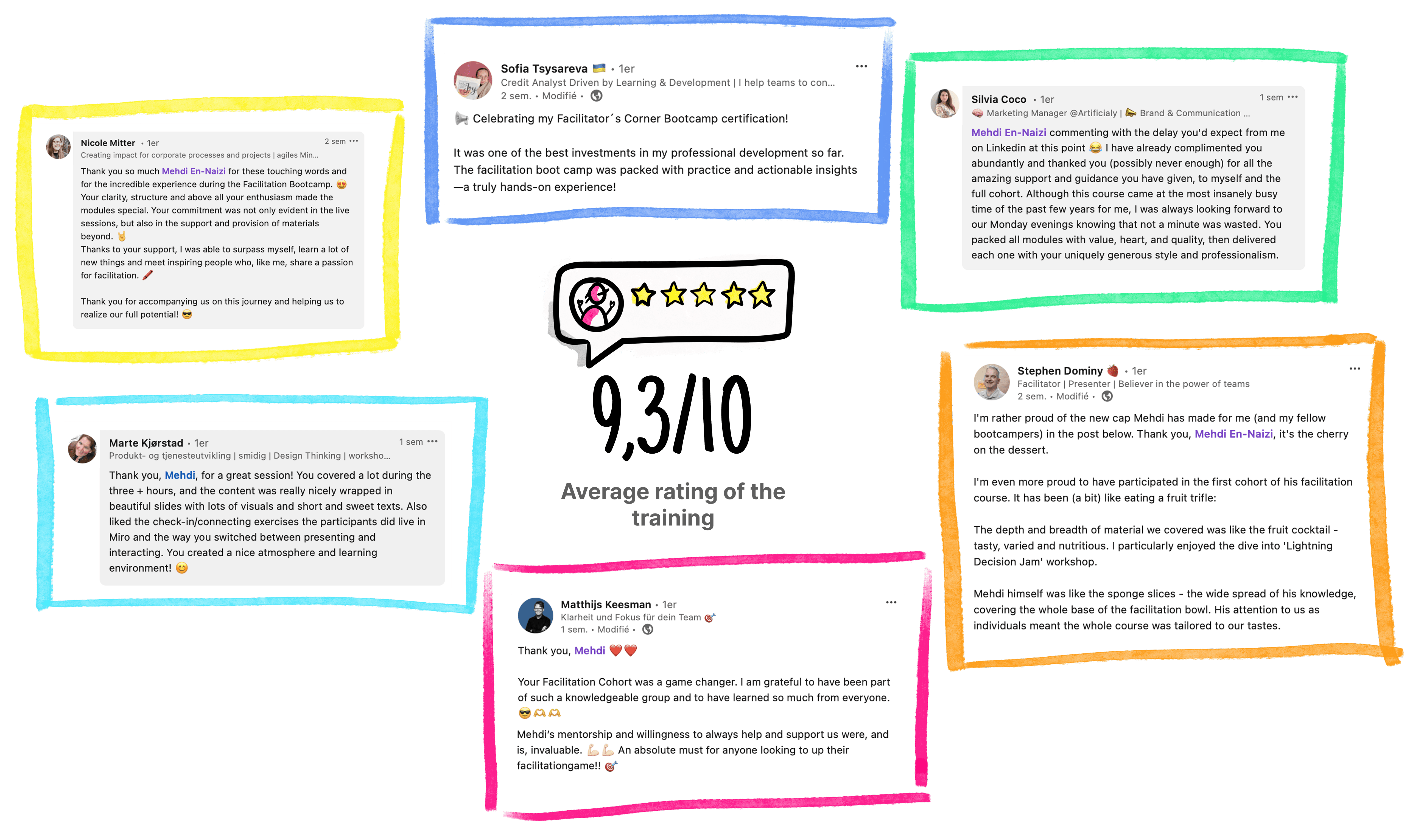 Collage of LinkedIn testimonials from participants praising Mehdi En-Naizi’s facilitation bootcamp, with a 9.3 out of 10 average training rating displayed
