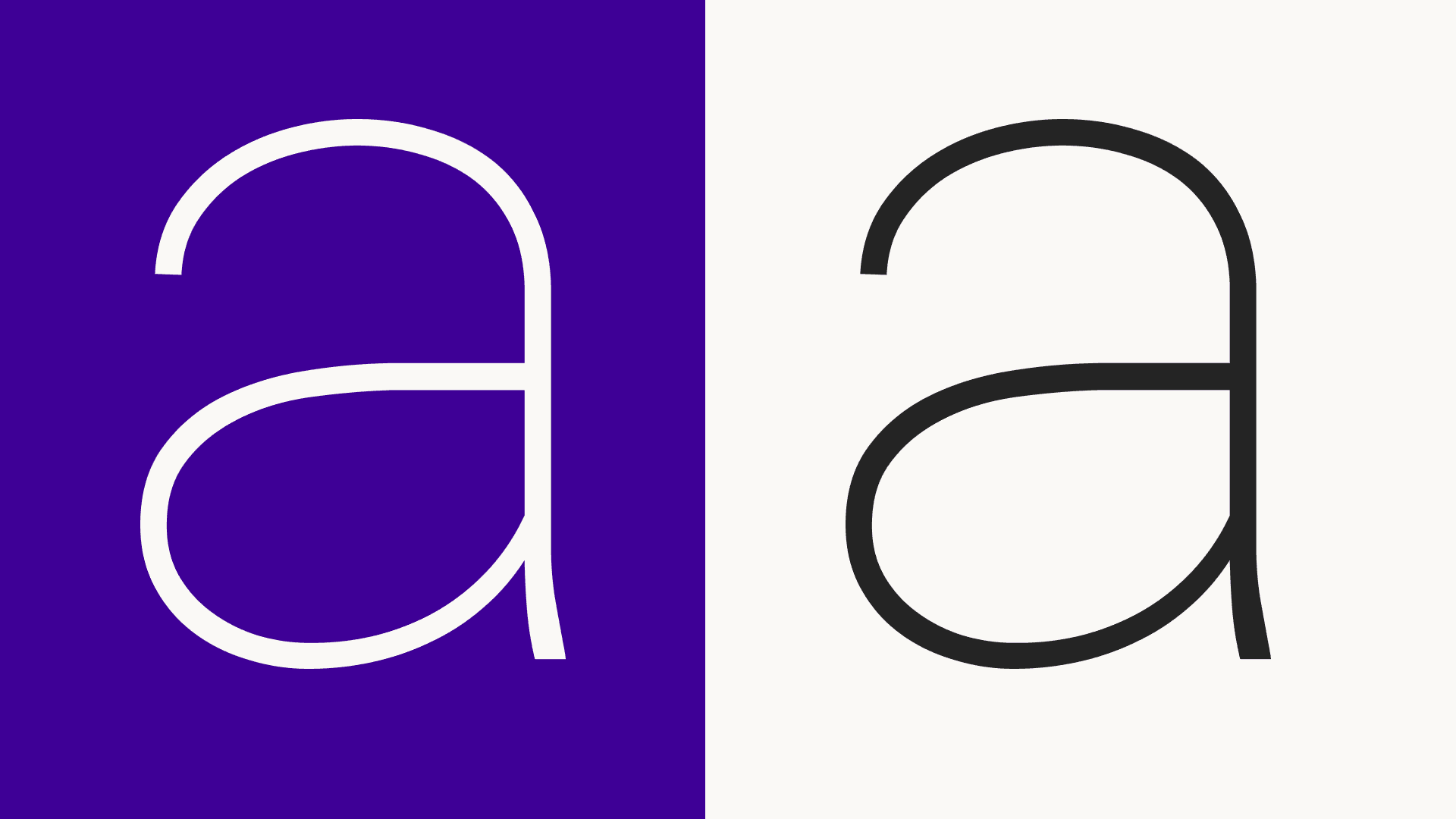 Lowercase letter a specimen in a light weight, white on deep violet and black on off-white