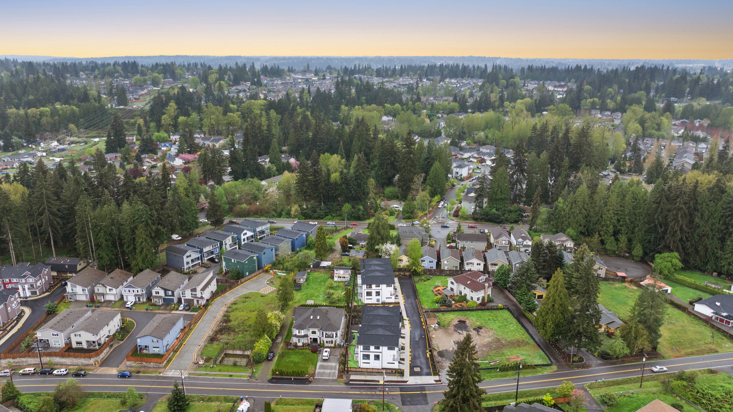 Aerial view of a luxury residential neighbourhood surrounded by mature trees, green parks, and suburban streets at dusk in the Pacific Northwest