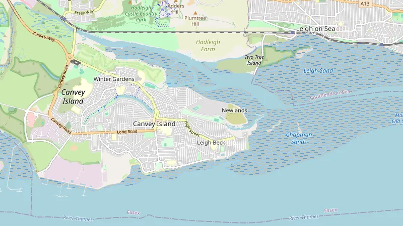 Map showing Canvey Island in Essex