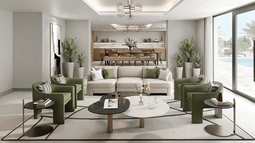 Contemporary living room with sleek furniture and expansive windows showcasing a vibrant city view, by Azizi Noura.