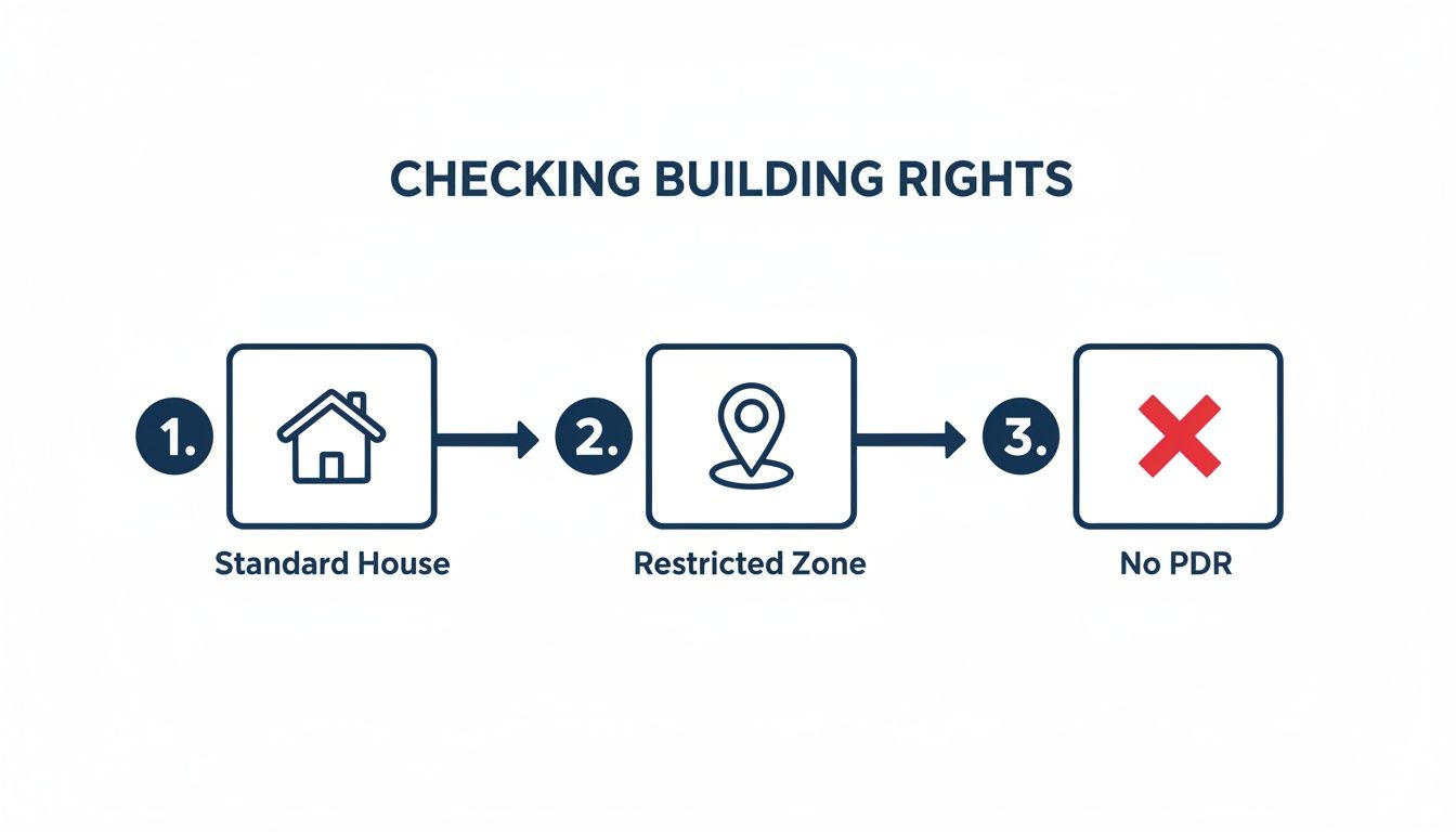 Infographic showing a three-step process for checking building rights: standard house in a restricted zone, resulting in no PDR.
