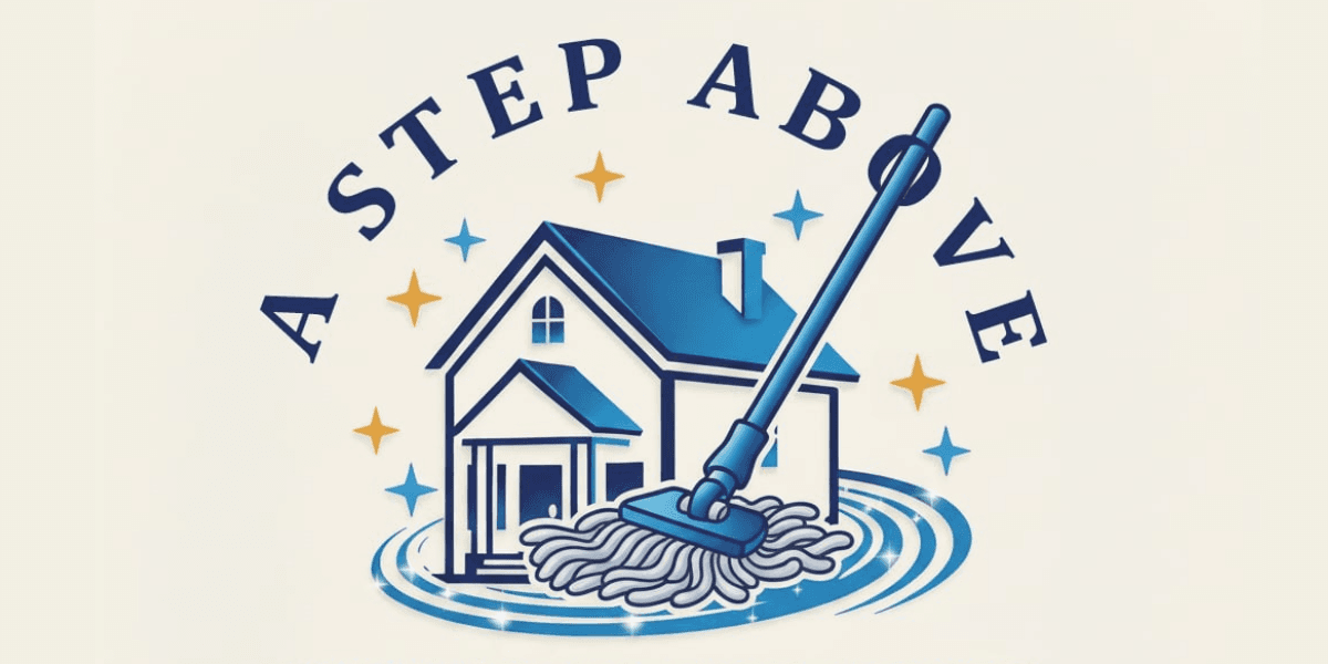 "A Step Above Cleaning Concepts logo with a mop, symbolizing compassionate, high-quality cleaning services for Northern Michigan residents."