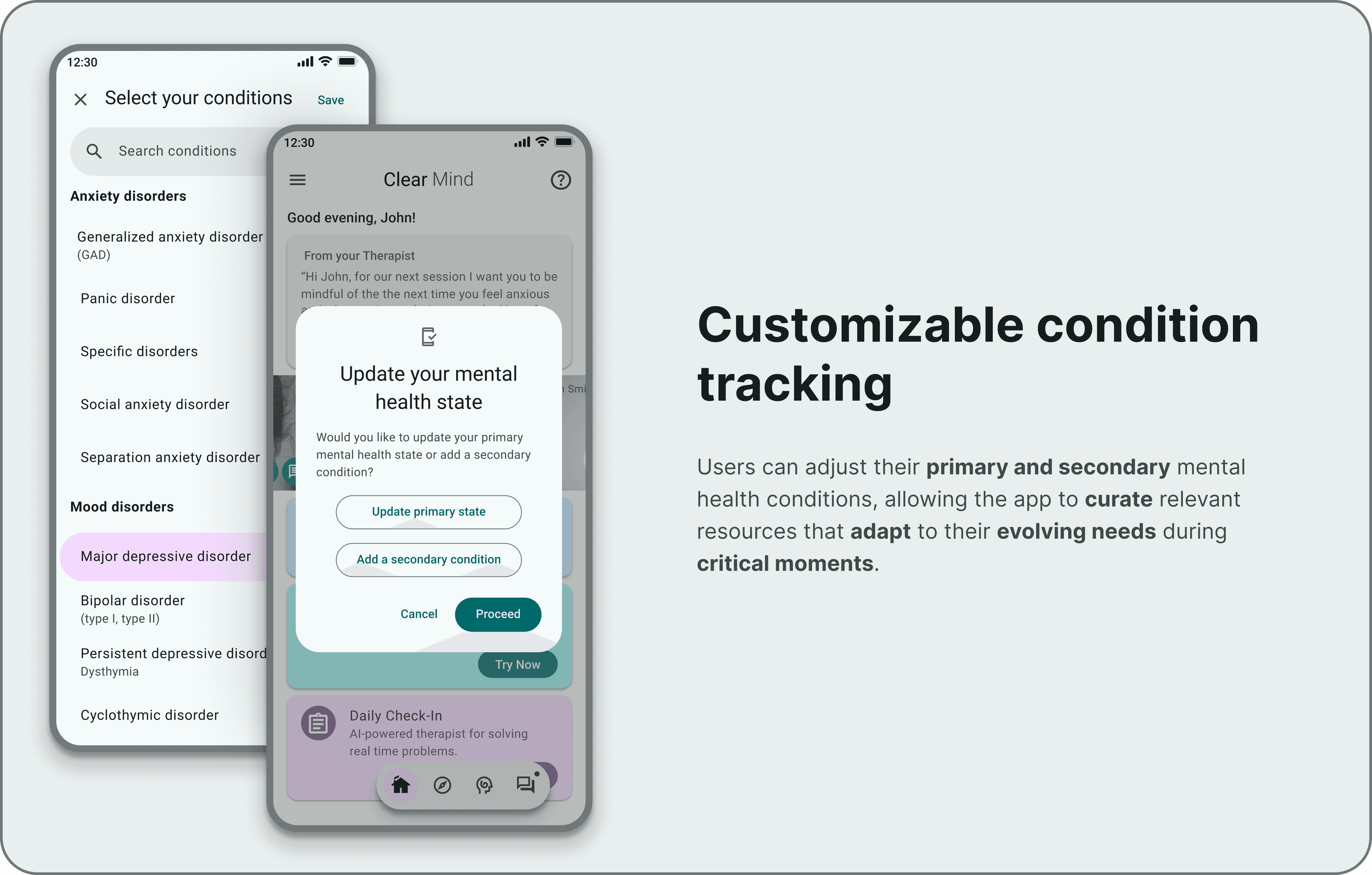 UX mockup for 'Clear Mind' featuring 'Customizable condition tracking.' One screen shows a categorized list of mental health conditions, while a foreground modal allows users to update their primary state to receive curated, adaptive resources.