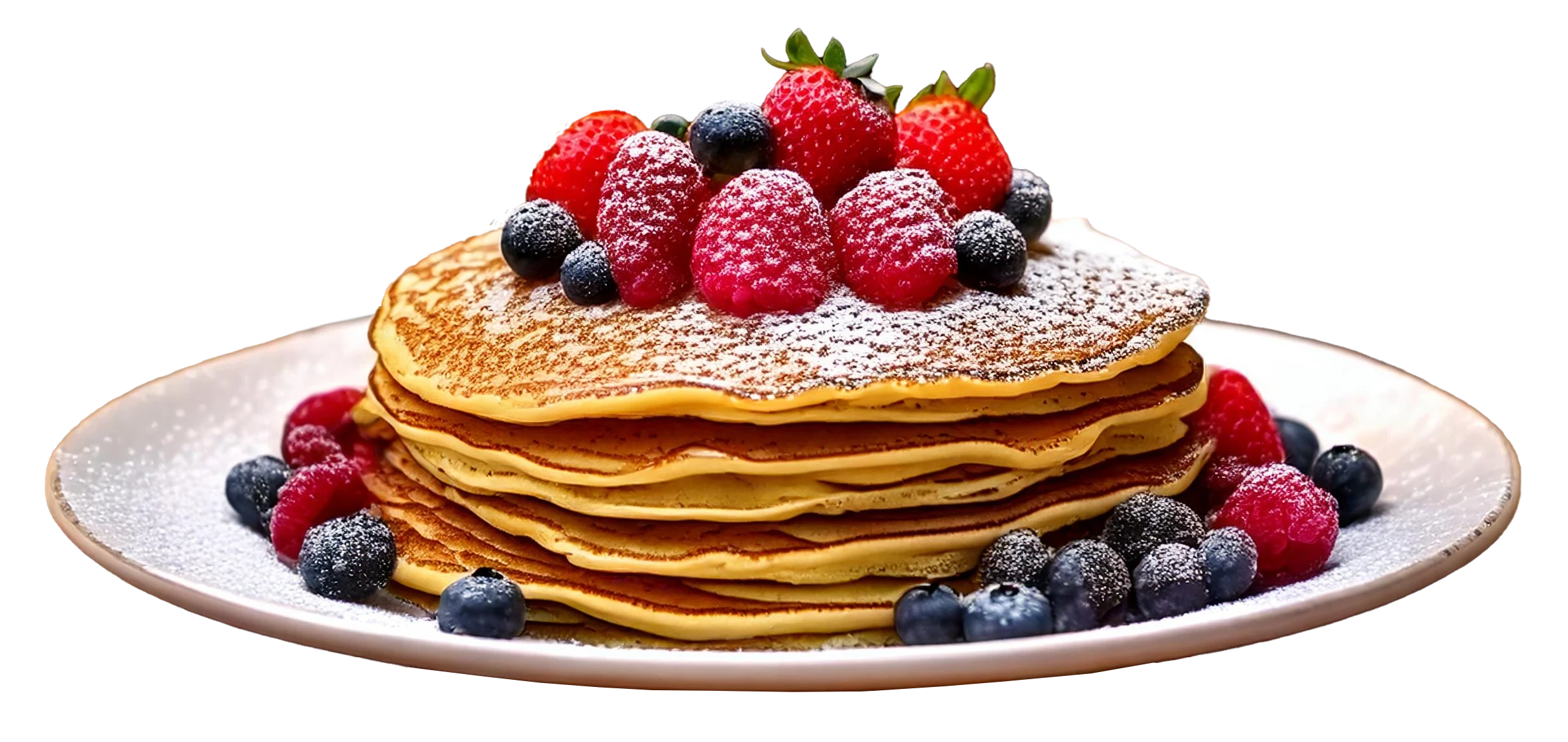 A photo of a retaurants pancakes with strawberries and blueberries