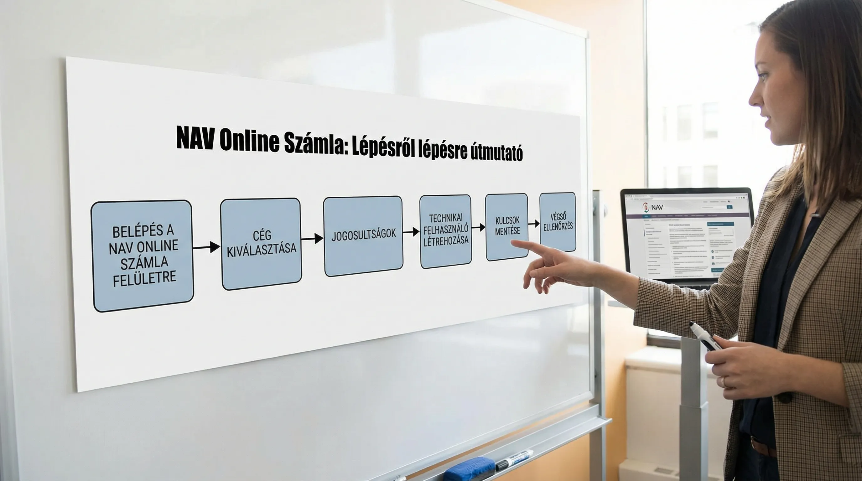 Illusztráció egy lépésről lépésre folyamatábráról: belépés a NAV Online Számla felületre, cég kiválasztása, jogosultságok, technikai felhasználó létrehozása, kulcsok mentése, végső ellenőrzés.