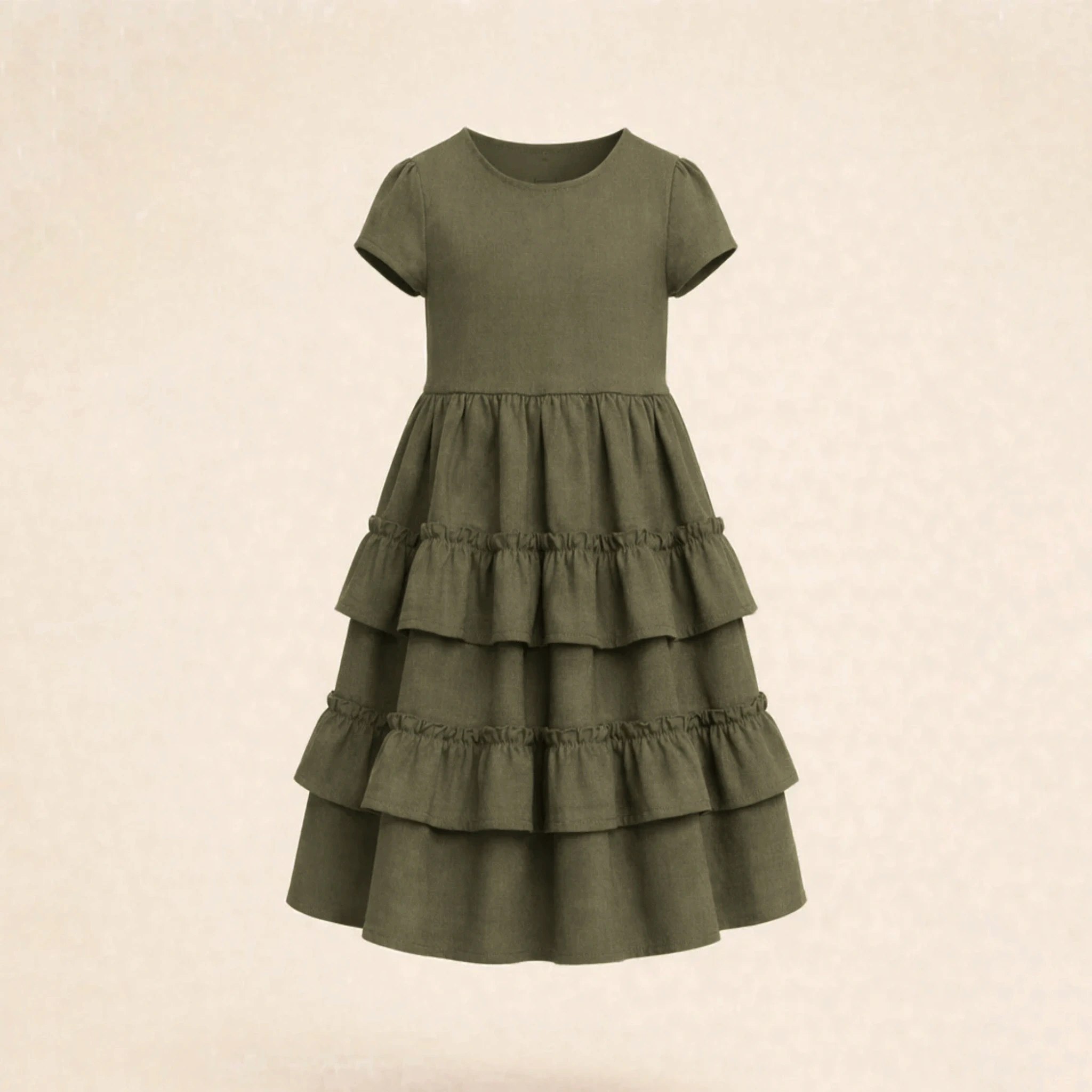 Linen Ruffle Dress in Olive Fog