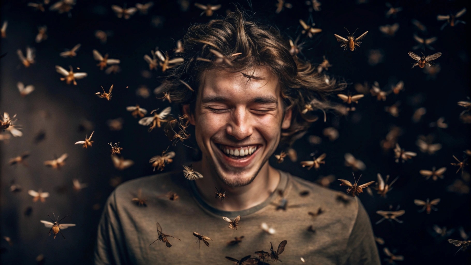 a happy person is inside the swarm of mosquitos, they run away from him