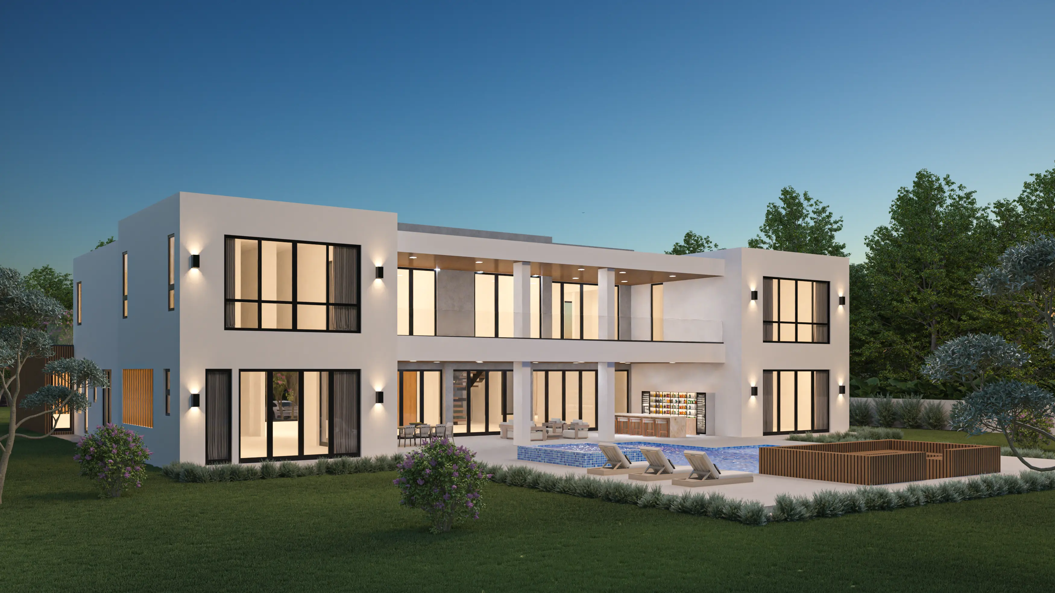 Backyard of a contemporary Kendall, Miami residence with a tiled pool, sun loungers, covered outdoor lounge and bar, and a glass-and-stucco rear facade