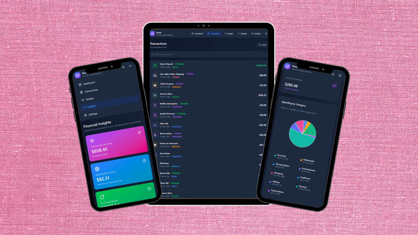 Screenshots of Nooli app on multiple devices including two phones and one tablet