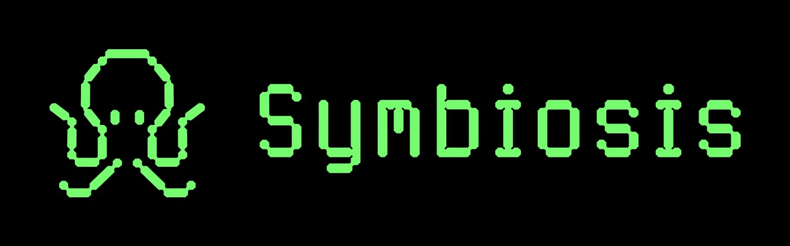 Symbiosis logo with green pixelated skull icon