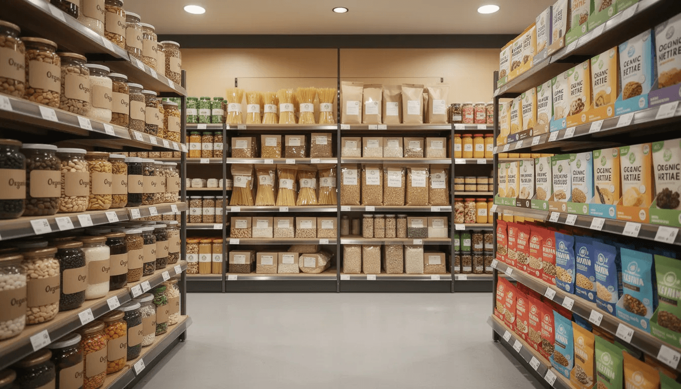 The image features an array of natural food products displayed on grocery store shelves, showcasing a variety of fresh fruits, vegetables, and packaged goods. This vibrant arrangement highlights the importance of electronic data interchange (EDI) in managing business processes and exchanging essential documents efficiently within the supply chain.