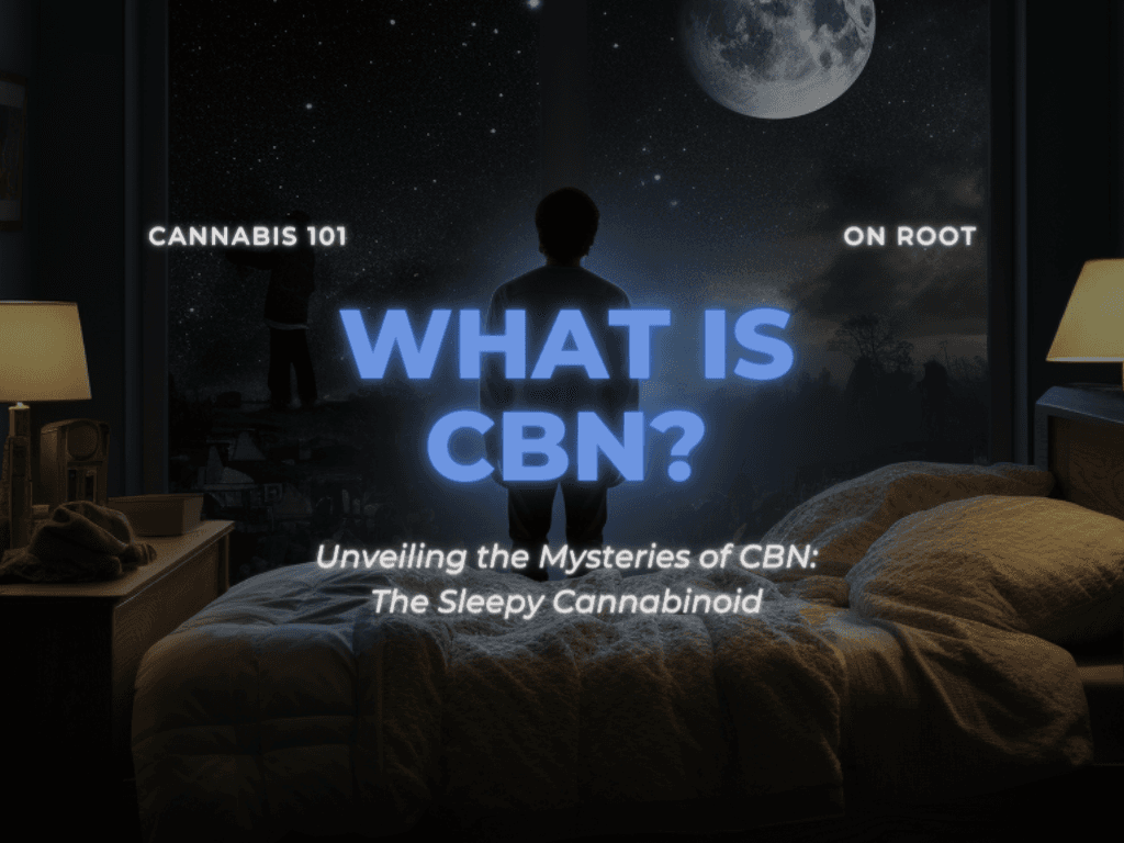 Man staring out a bedroom window at the night sky. Title - What is CBN?  Subtitle - Unveiling the mysteries of cannabis