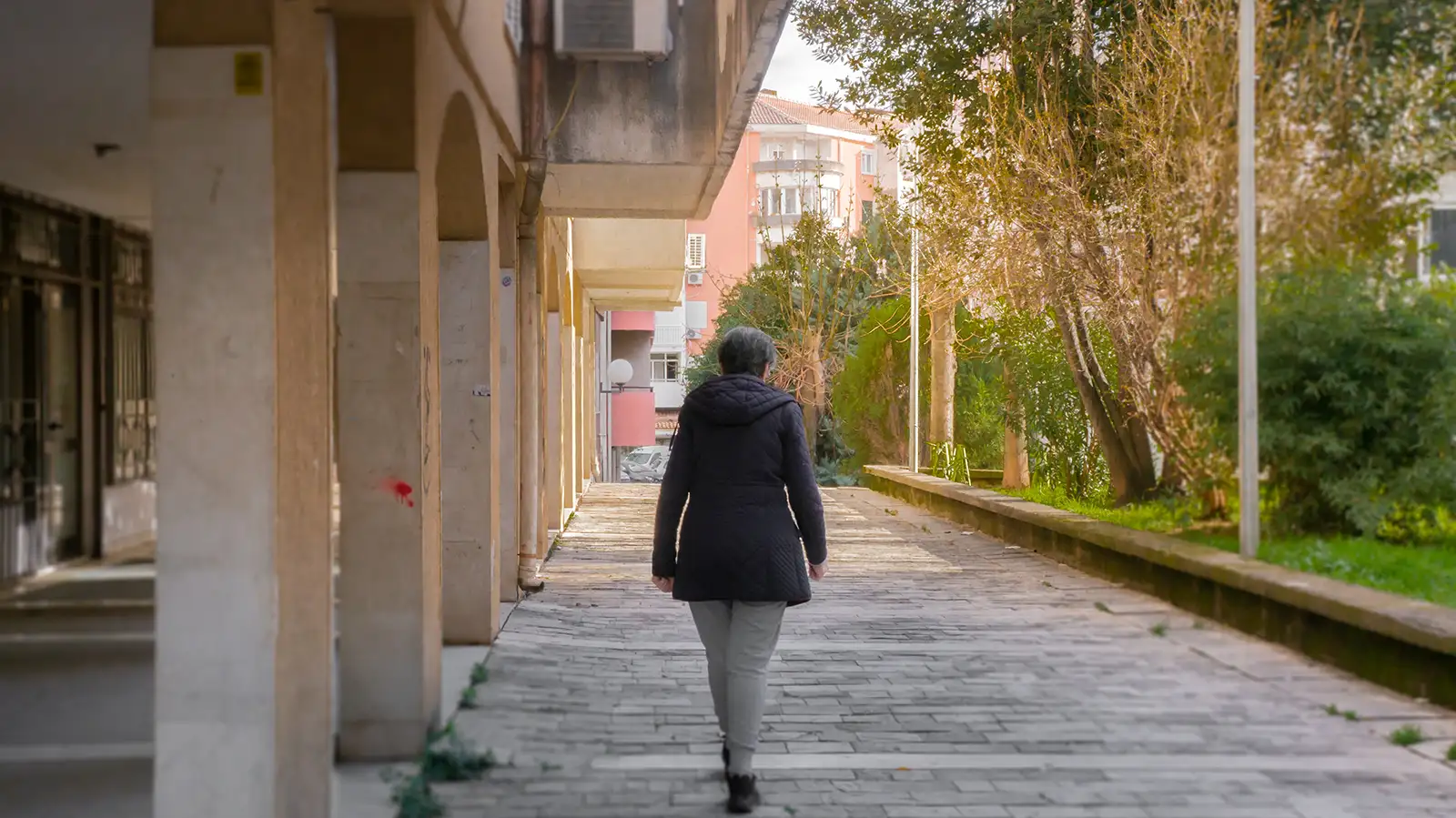 A person walking away from the camera