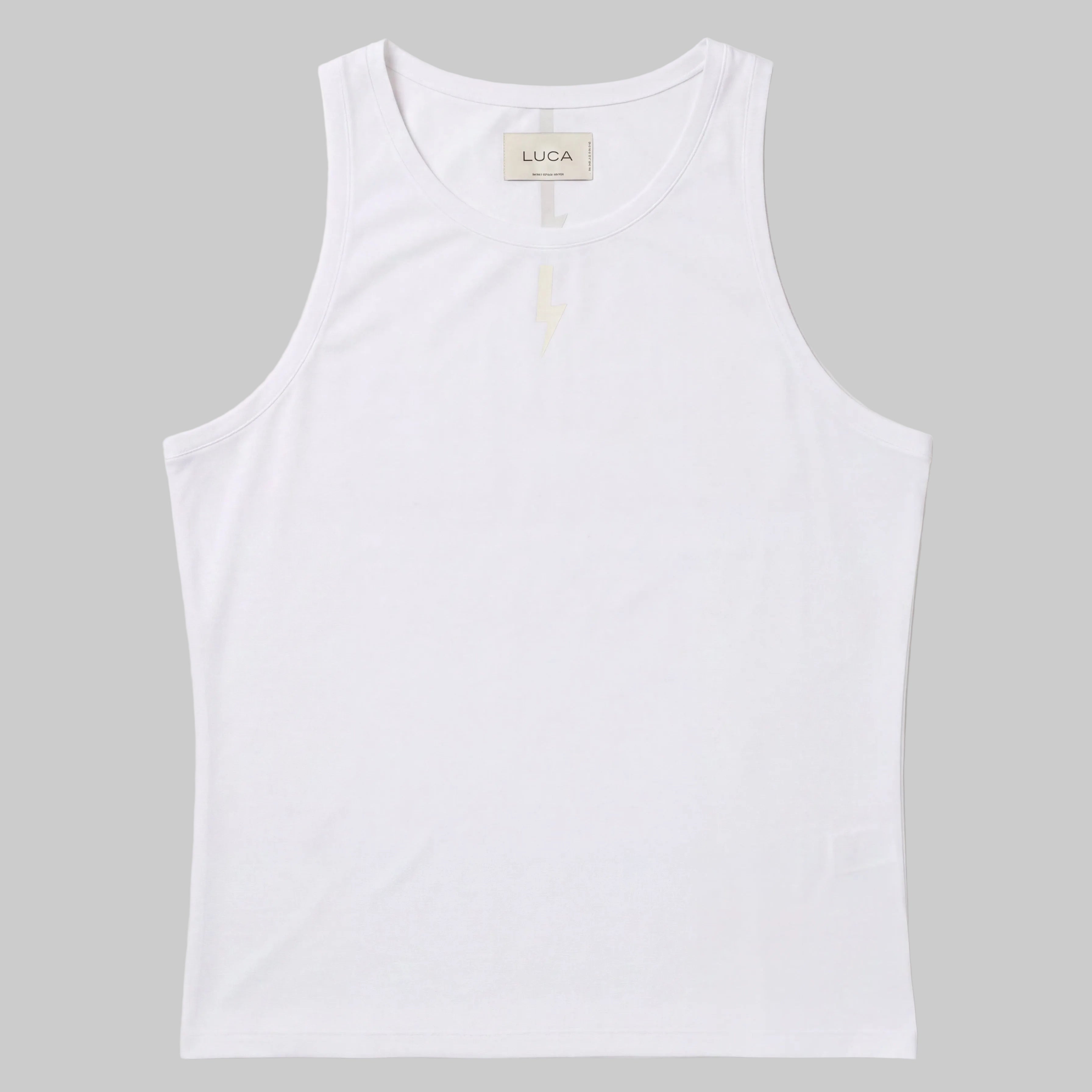 LUCA Meander women's cycling vest in white, front flat lay with bolt logo