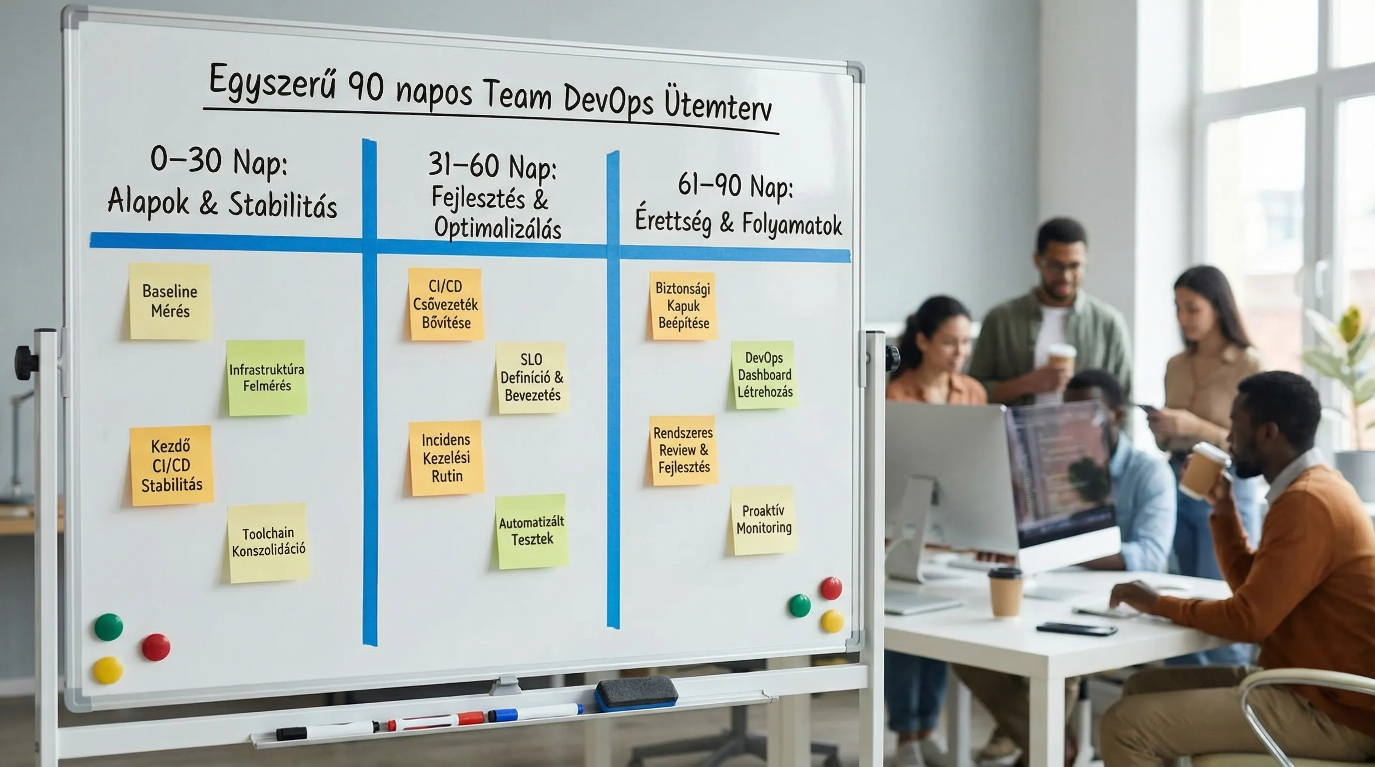 Egyszerű 90 napos Team DevOps ütemterv idővonala három szakaszra bontva (0–30, 31–60, 61–90 nap), minden szakaszhoz 3-4 kulcs deliverable kártyával: baseline mérés, CI/CD stabilizálás, SLO és incident rutin, security gate-ek, dashboard és review.