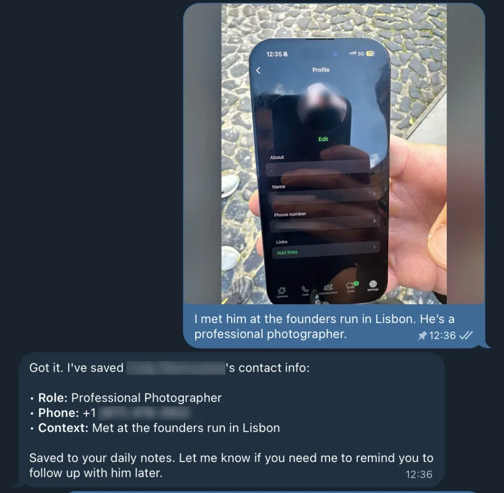 Lana AI extracting contact details from a low-quality photo of a mobile screen