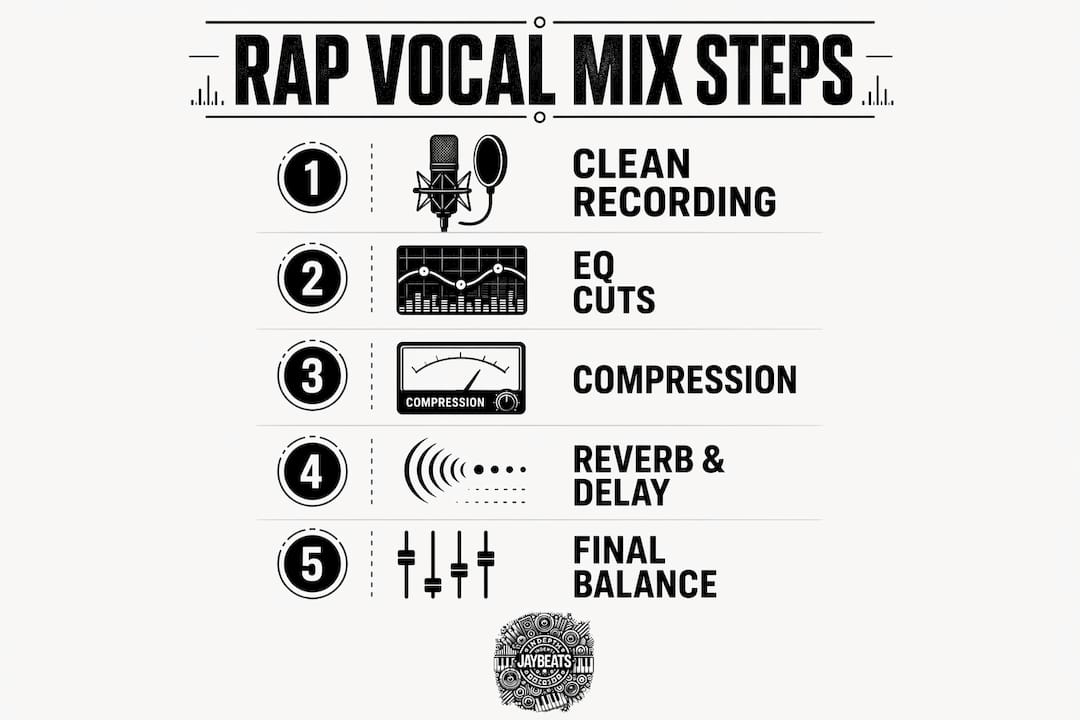 Infographic showing key steps to mix rap vocals