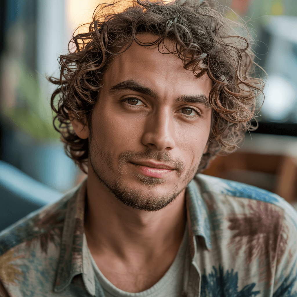 Amused 30 year old white man with curly hair